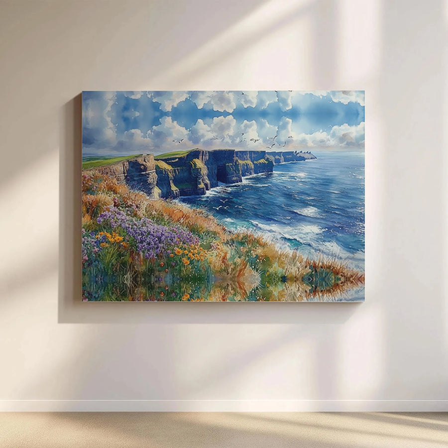 Cliffs of Moher Canvas Print | Irish Sea Coastal Landscape Watercolor | 1.25 Inch Gallery Wrap | Premium Nature Wall Art Decor for Home