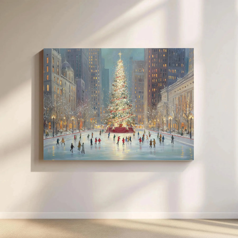 Winter Cityscape Canvas Art | Ice Skating Christmas Tree Print | 1.25 Inch Gallery Wrap Wall Decor | Festive Holiday Home Gift