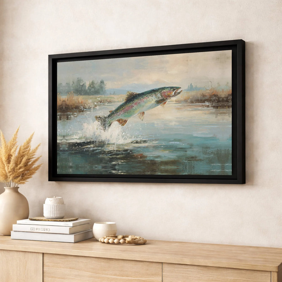 Jumping Rainbow Trout Canvas Wall Art | Impressionist River Fishing Decor | Premium Gallery Wrap Print | Nature Gift for Anglers and Lodge