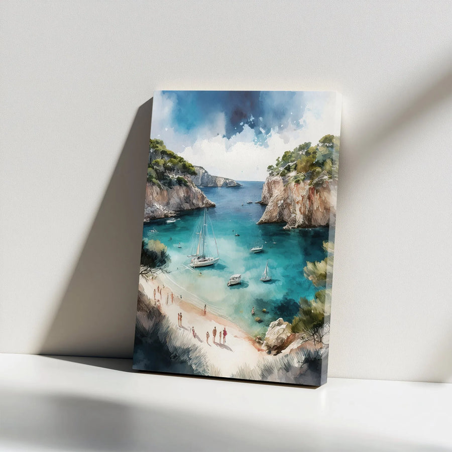 Coastal Cove Vertical Canvas | Watercolor Sailboat Seascape | Premium Gallery Wrapped Canvas | Nautical Home Decor Gift