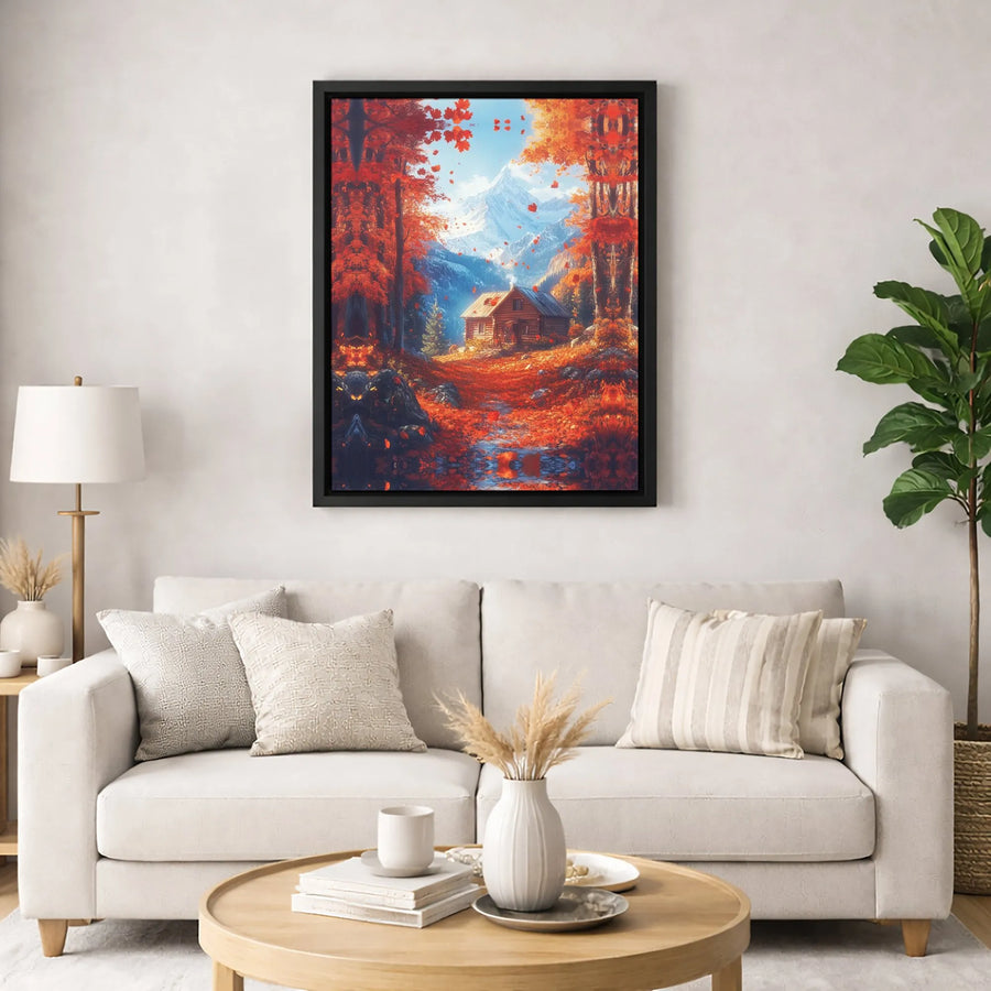 Autumn Cabin Wall Art | Red Forest Landscape with Mountain View | Premium Gallery Wrap Canvas | Rustic Fall Home Decor Gift