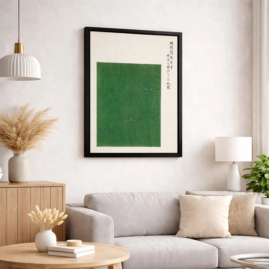 Japanese Bird Canvas Wall Art | Minimalist Green Field Landscape | Premium 1.25 Inch Gallery Wrap | Zen Home Office Decor