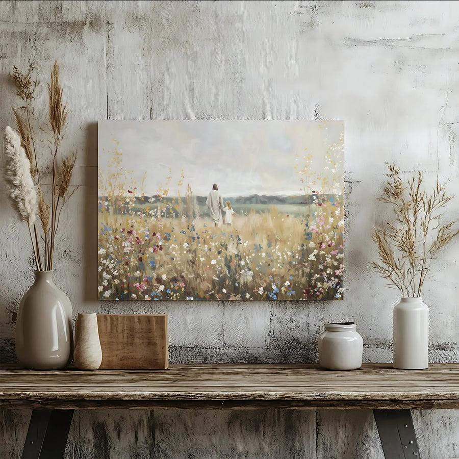 Jesus Walking With Child Canvas Print | Watercolor Wildflower Meadow | Premium Gallery Wrap Wall Art | Christian Home Decor Gift