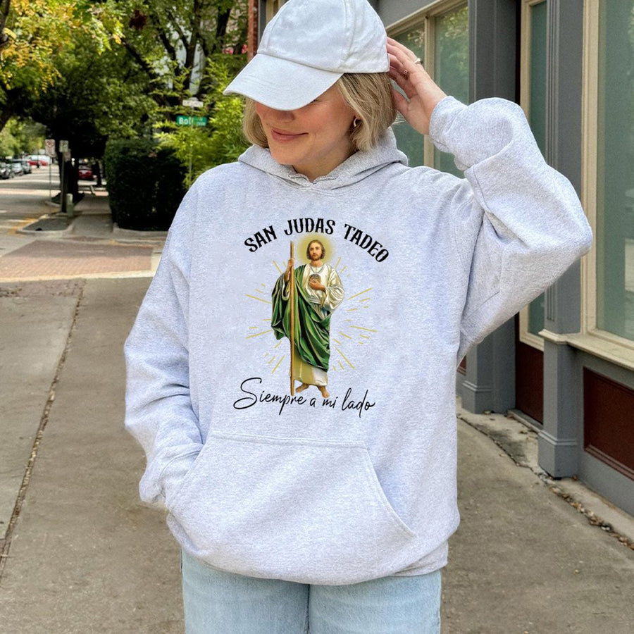 San Judas Tadeo Hoodie | Siempre A Mi Lado Religious Graphic | Premium Cotton Blend | Christian Faith Gift for Men and Women