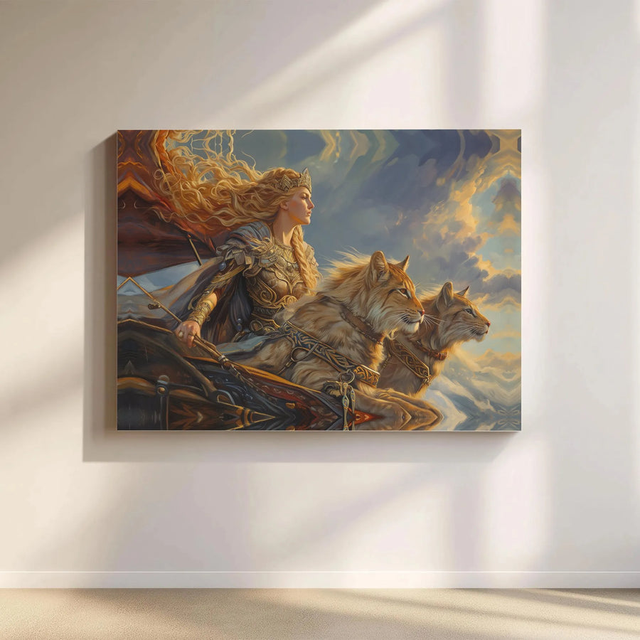 Norse Goddess Freyja Canvas Wall Art | Mythological Viking Chariot Print | Premium Gallery Wrapped Decor | Fantasy Gift for Mythology Lovers
