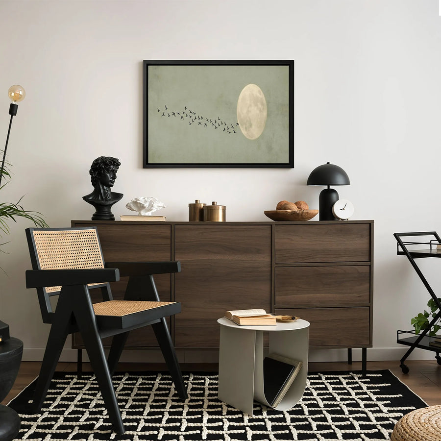 Full Moon Canvas Wall Art | Flock of Birds Minimalist Silhouette | Premium Gallery Wrap Print | Modern Nature Decor for Living Room Bedroom