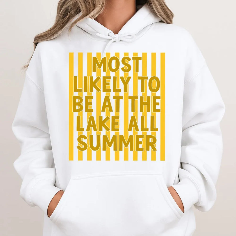 Summer Lake Hoodie | Funny Most Likely To Be At The Lake All Summer Graphic | Premium Cotton Blend | Unisex Vacation Gift