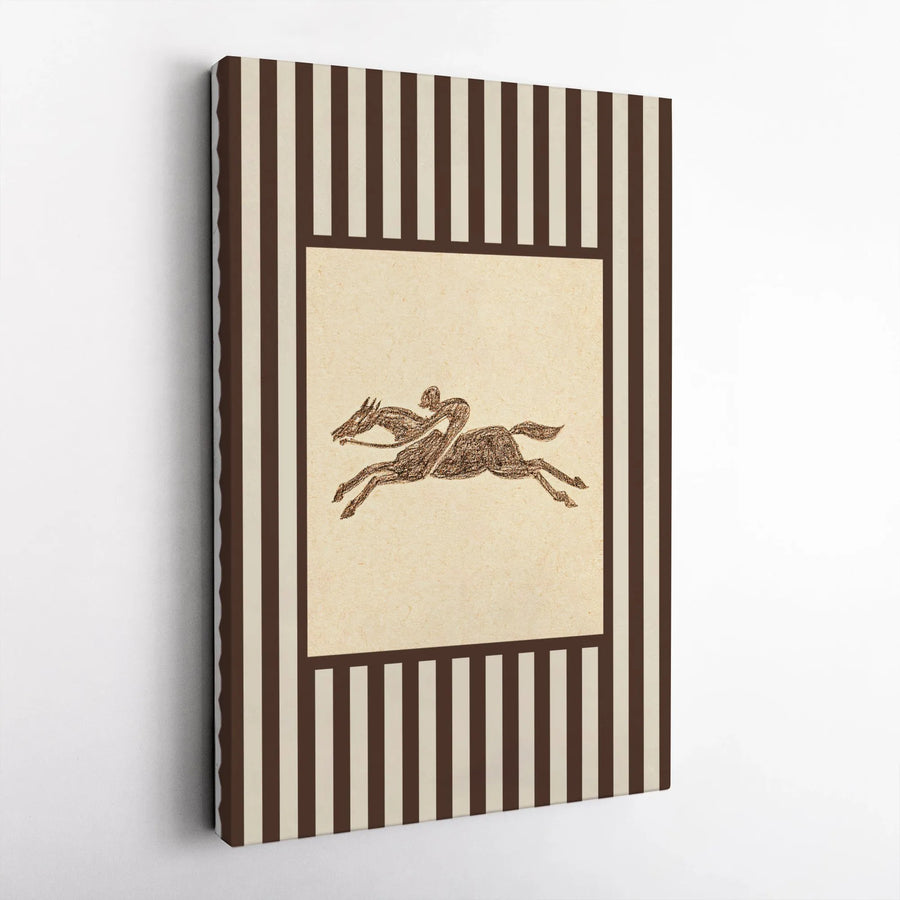 Equestrian Horse Racing Canvas Art | Vintage Jockey Sketch with Brown Stripes | Gallery-Wrapped Premium Print | Sophisticated Home Decor Gift