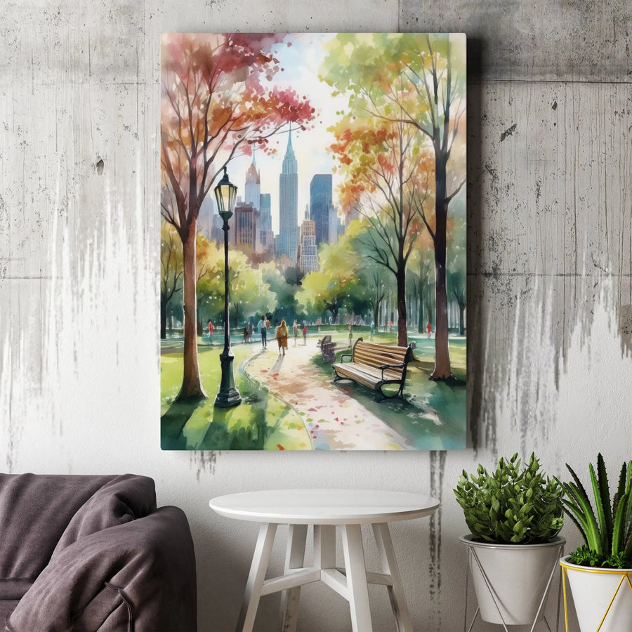 Autumn in New York Canvas Wall Art | Watercolor Central Park Cityscape Painting | Premium 1.25" Thick Gallery Canvas | Collector's Living Room Decor Gift