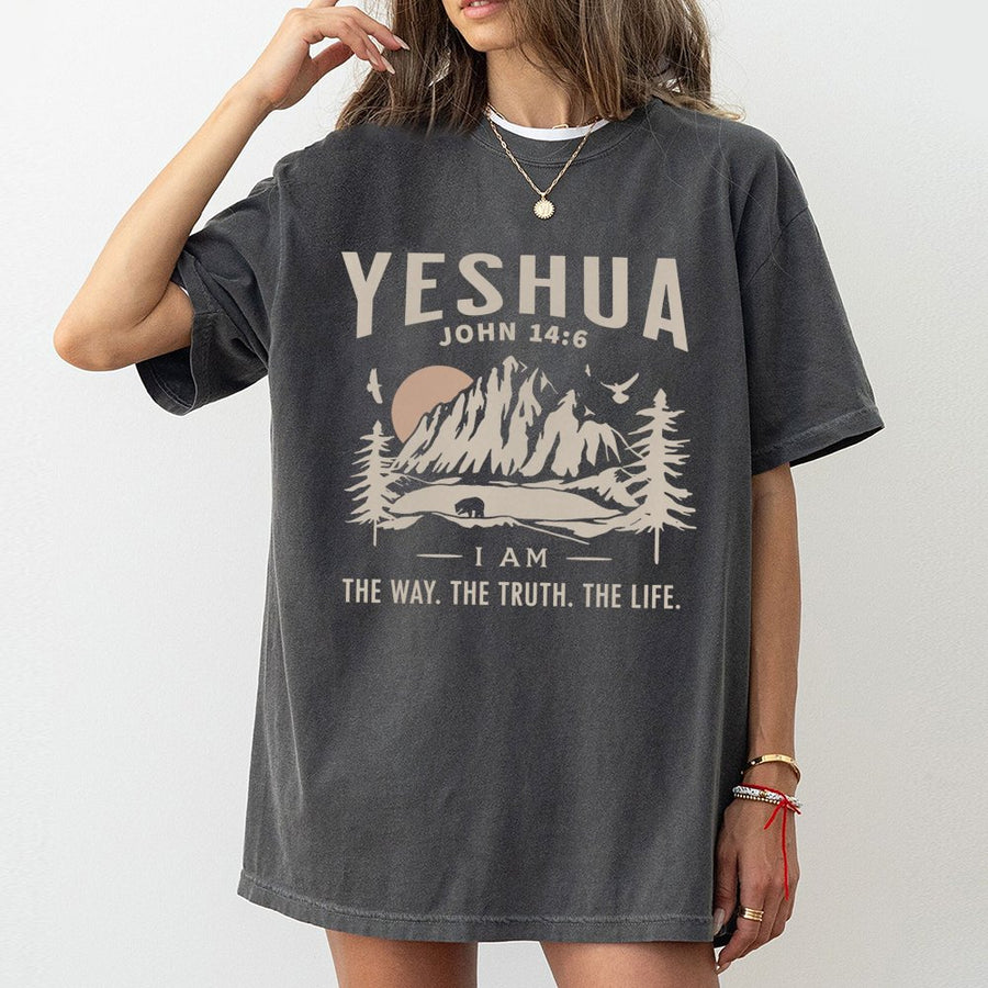 Yeshua John 14:6 T-Shirt | Christian Mountain Landscape Graphic | 100% Cotton Premium Tee | Faith-Based Religious Gift for Men and Women