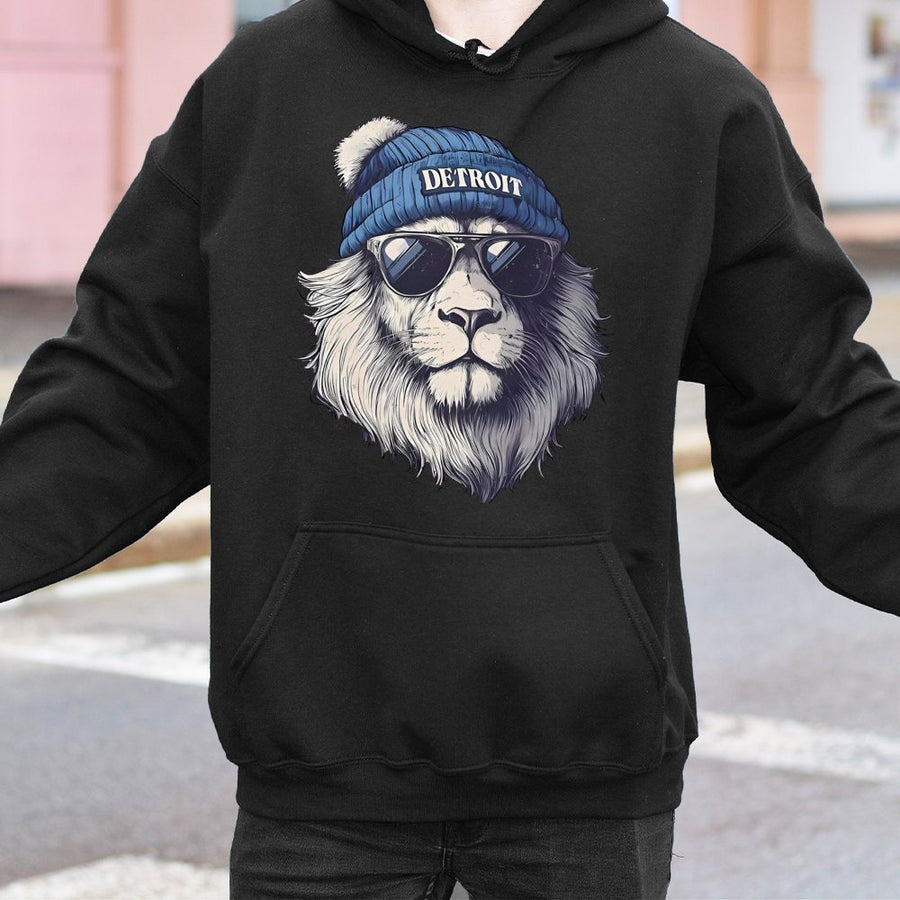 Detroit Lion Wearing Sunglasses And A Beanie Hoodie