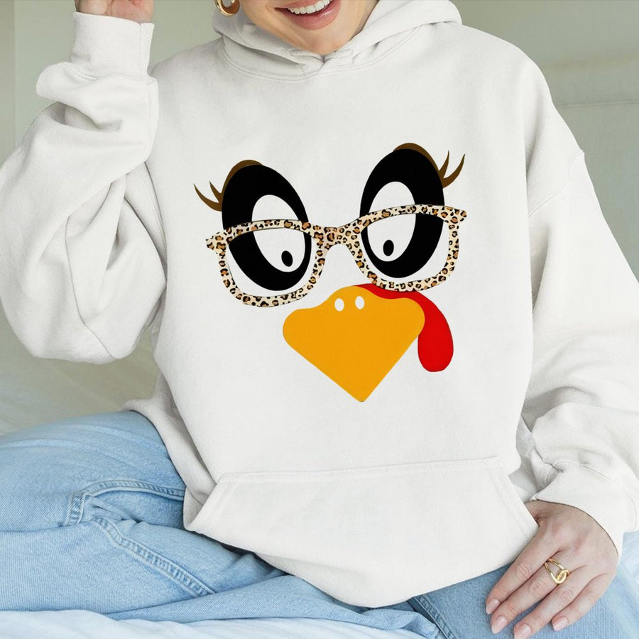 Funny Turkey Hoodie | Leopard Print Glasses Thanksgiving Graphic | Premium Cotton Blend | Unisex Holiday Gift for Women Men