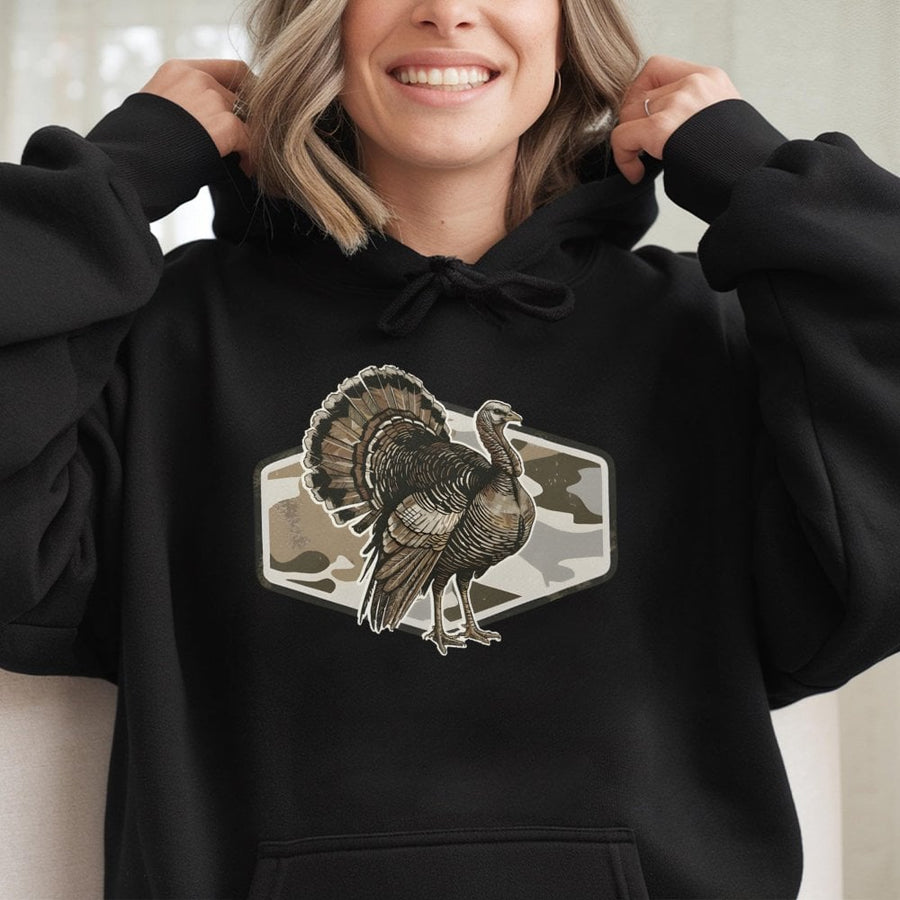 Wild Turkey Camo Hoodie | Rustic Hunting Graphic Print | Premium Cotton-Blend Sweatshirt | Wildlife Enthusiast & Thanksgiving Gift