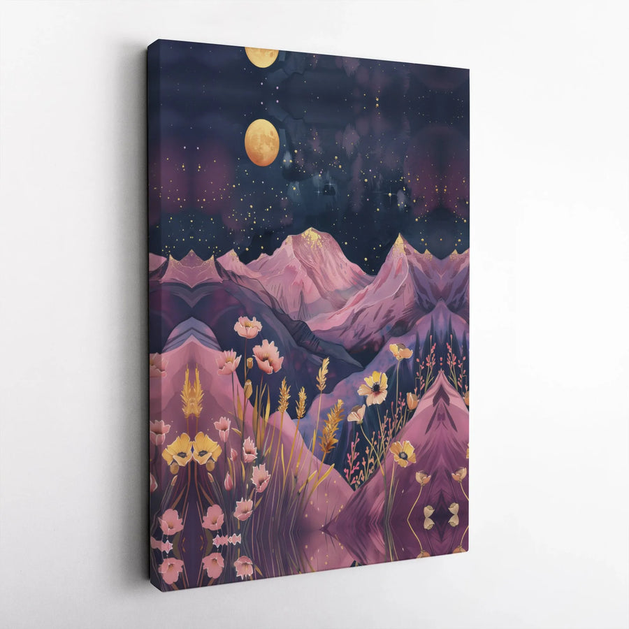Mystical Mountain Canvas Wall Art | Surreal Poppies and Dual Moon Landscape | 1.25 Inch Gallery Wrap | Premium Home Decor Print