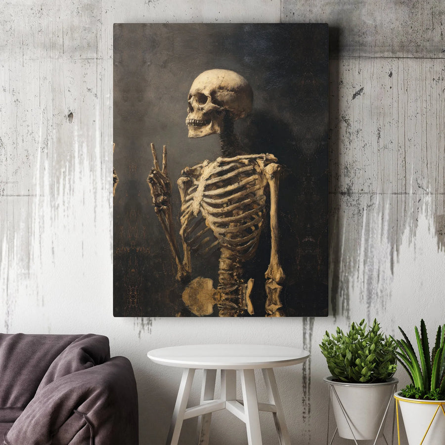 Skeleton Peace Sign Canvas Wall Art | Dark Academia Gothic Portrait | Premium Gallery Wrapped Print | Unique Home Decor Gift for Skull Lovers