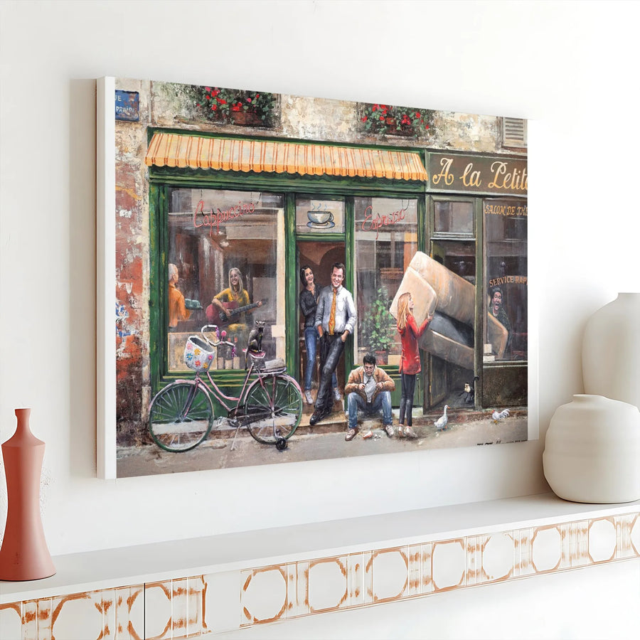 Parisian Street Cafe Canvas Print | Surrealist Coffee Shop Scene | Gallery Wrapped Premium Wall Art | Aesthetic Home Decor For Coffee Lovers