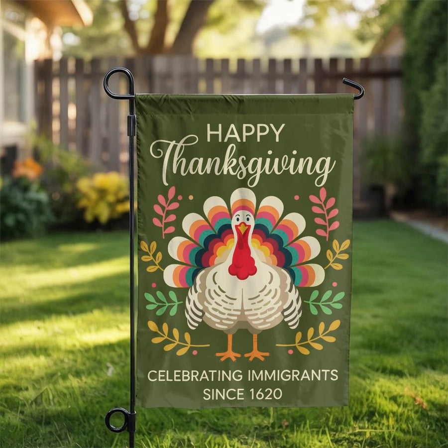 Thanksgiving Garden Flag | Retro Turkey Celebrating Immigrants Since 1620 | Weather-Resistant Polyester | Holiday Yard Decor Gift
