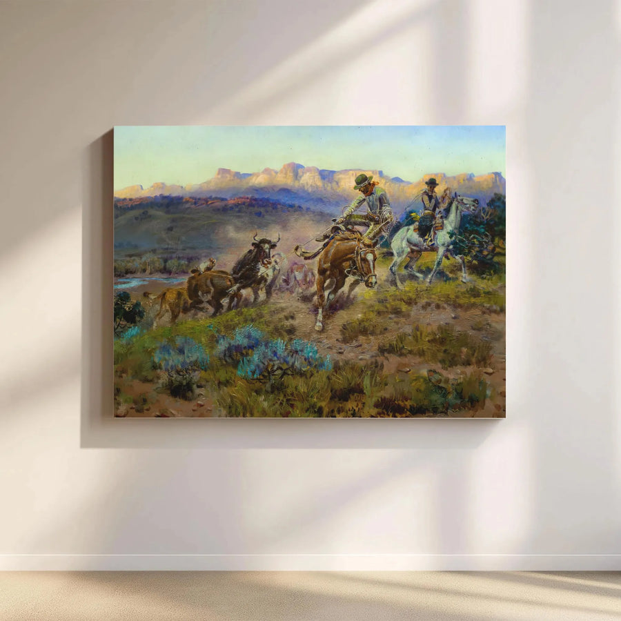 Western Cattle Drive Canvas Art | Vintage Cowboy Oil Painting Style | Premium 1.25" Gallery Wrap | Rustic Home & Office Wall Decor Gift