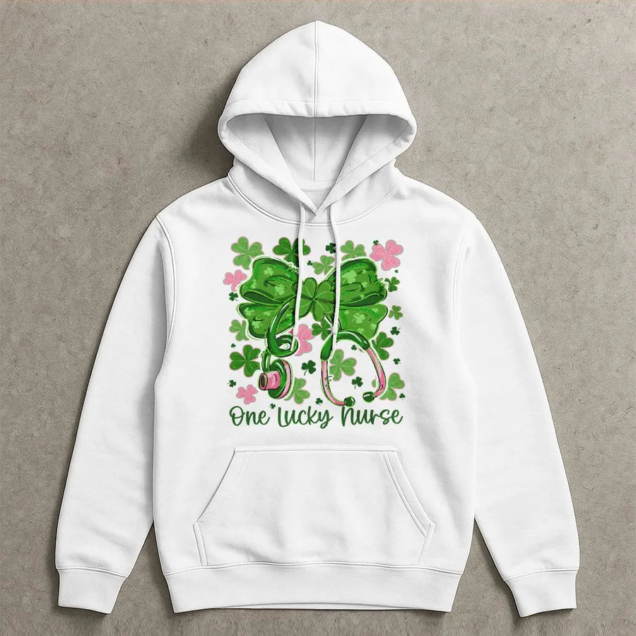 One Lucky Nurse St Patrick's Day Hoodie | Stethoscope Clover Bow Graphic | Premium Cotton-Poly Blend | Gift for Nurses & Nursing Students