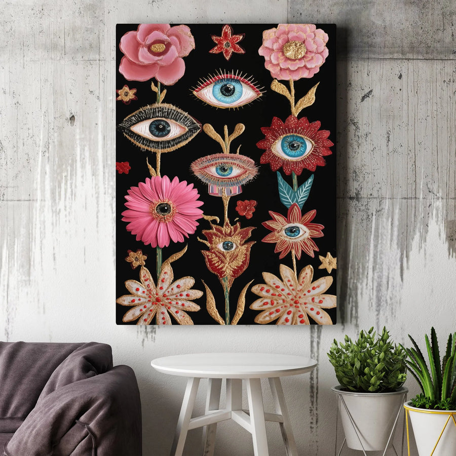 Mystical Evil Eye Canvas Wall Art | Floral Boho Decor with Gold Accents | Premium Gallery Wrapped Canvas | Spiritual Home Decor Gift