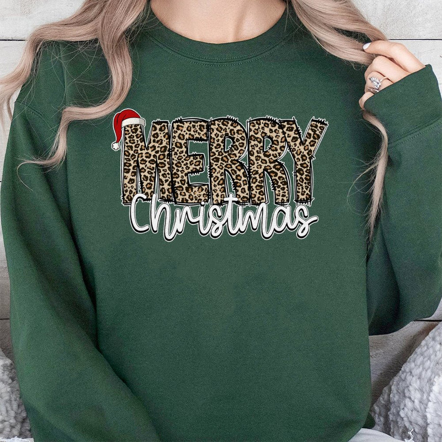 Merry Christmas Leopard Print Sweatshirt | Santa Hat Holiday Graphic | Premium Cotton Blend | Unisex Winter Holiday Gift for Her