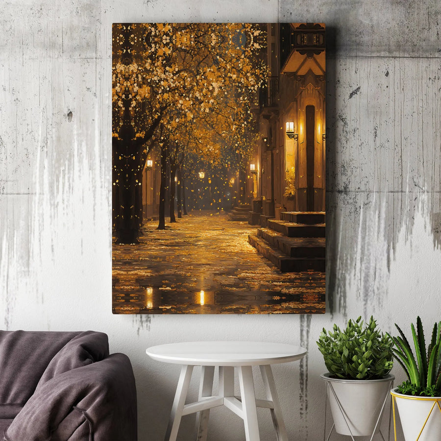 Autumn Street Canvas Wall Art | Romantic Golden Cityscape Lantern Decor | Premium Gallery-Wrapped Print | Cozy Home & Office Seasonal Gift