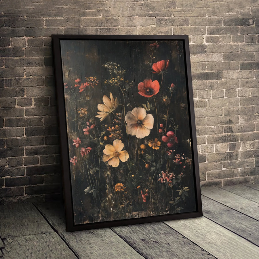 Dark Moody Floral Wall Art | Vintage Wildflower Oil Painting Print | Gallery-Quality Framed Canvas | Sophisticated Home Decor Gift