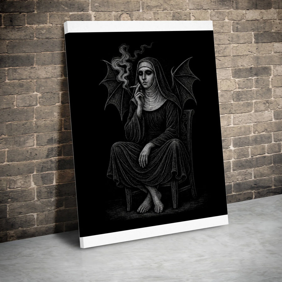 Smoking Nun Canvas Art | Dark Gothic Demon Wings Wall Decor | 1.25-Inch Premium Gallery Wrap | Edgy Home & Office Wall Art Gift
