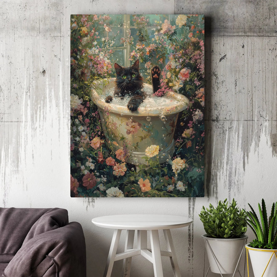 Black Cat Canvas Wall Art | Whimsical Cat in Floral Bathtub Painting | Premium Gallery Quality Print | Unique Gift for Cat Lovers & Bathroom Decor