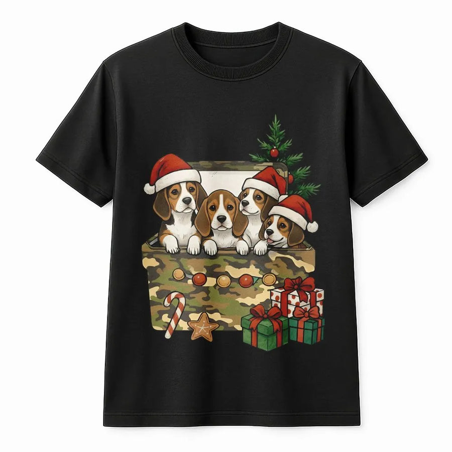 Beagle Christmas T-Shirt | Cute Puppies in Camo Gift Box | Premium Soft Cotton | Funny Dog Lover Holiday Gift