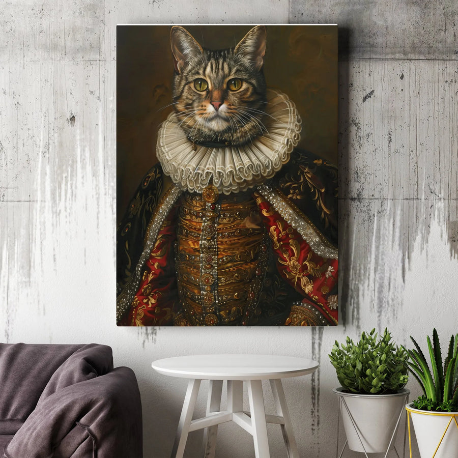 Regal Cat Portrait Canvas Wall Art | Renaissance Noble Tabby Cat in Period Costume | Premium Gallery Wrap Decor | Unique Pet Lover Gift