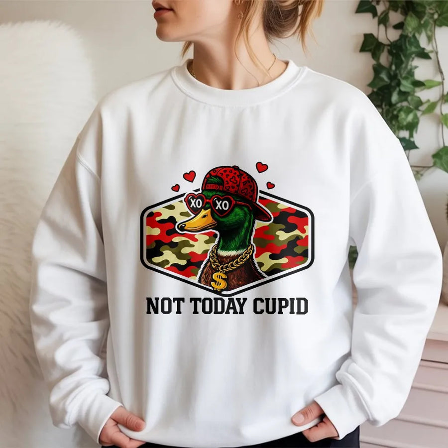 Not Today Cupid Sweatshirt | Funny Anti Valentine's Duck Camo Graphic | Premium Cotton-Blend Sweatshirt | Sarcastic Valentine's Day Gift for Singles
