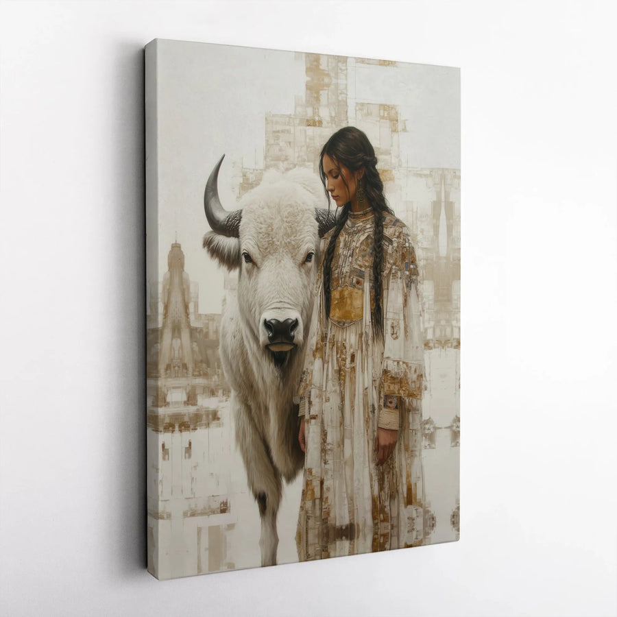 White Buffalo and Native American Woman Canvas Art | Abstract Western Wall Decor | 1.25-Inch Premium Gallery Profile | Spiritual Native American Wall Art Gift