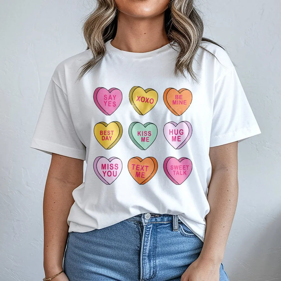 Conversation Hearts T-Shirt | Retro Pastel Candy Valentines Graphic | Premium Soft Cotton | Romantic Gift For Her Or Him