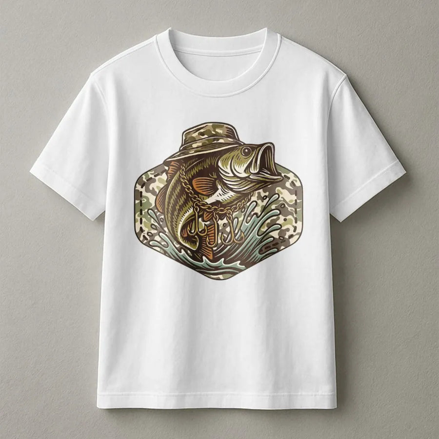 Bass Fishing T-Shirt | Camo Hat Bass Graphic Design | Premium Cotton Apparel | Gift for Fishermen & Outdoorsmen