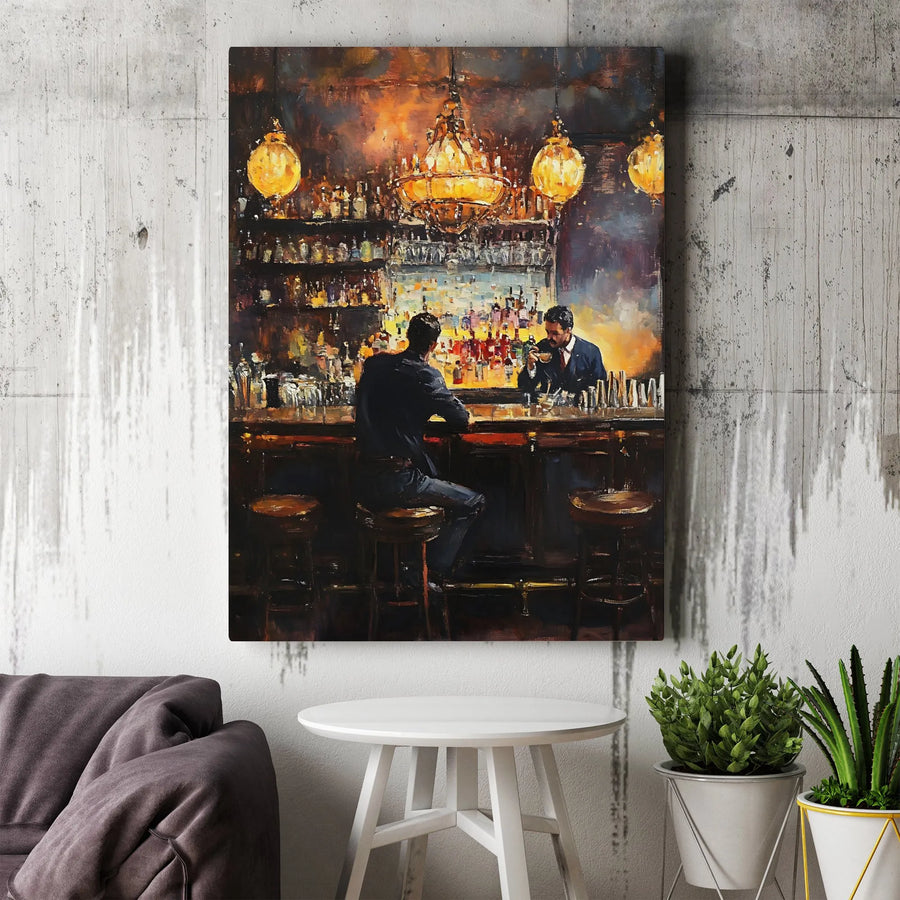 Whiskey Bar Canvas Wall Art | Impressionist Painting Print | Premium Gallery Wrap Canvas | Man Cave Decor Gift for Him