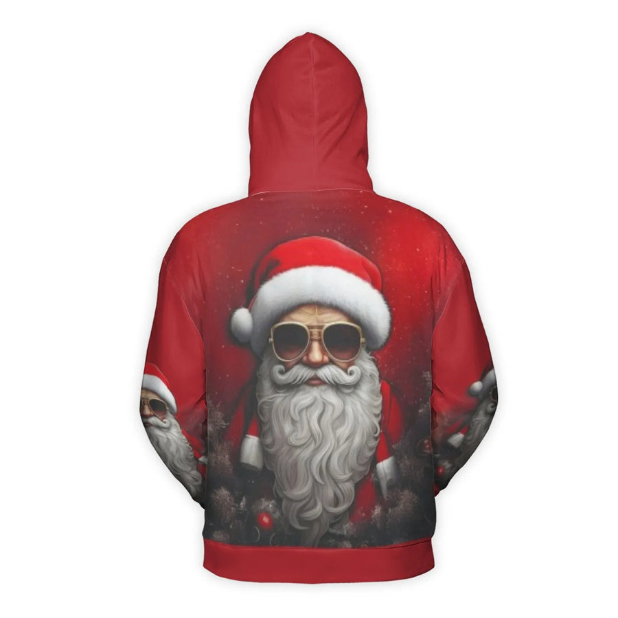 Cool Santa Hoodie | 3D Sunglasses Christmas Graphic | Brushed Fleece Polyester Knit | Unisex Holiday Gift Pullover