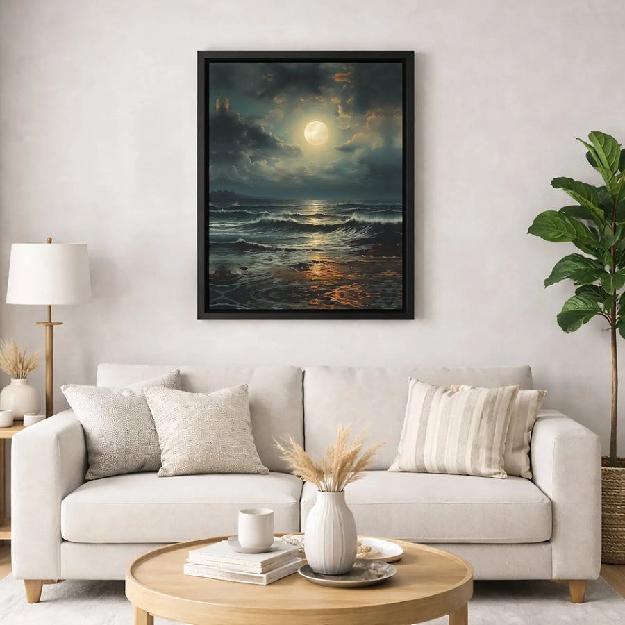 Full Moon Ocean Canvas Print | Dark Moody Seascape Wall Art | 1.25 Inch Gallery Profile | Coastal Home Decor Gift for Nature Lovers