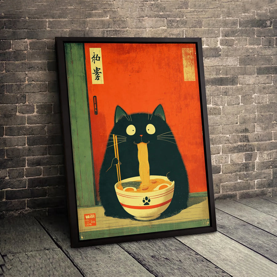 Black Cat Ramen Canvas Print | Japanese Ukiyo-E Wall Art | Premium Gallery Wrapped | Cute Kitchen & Dining Room Gift for Cat Lovers