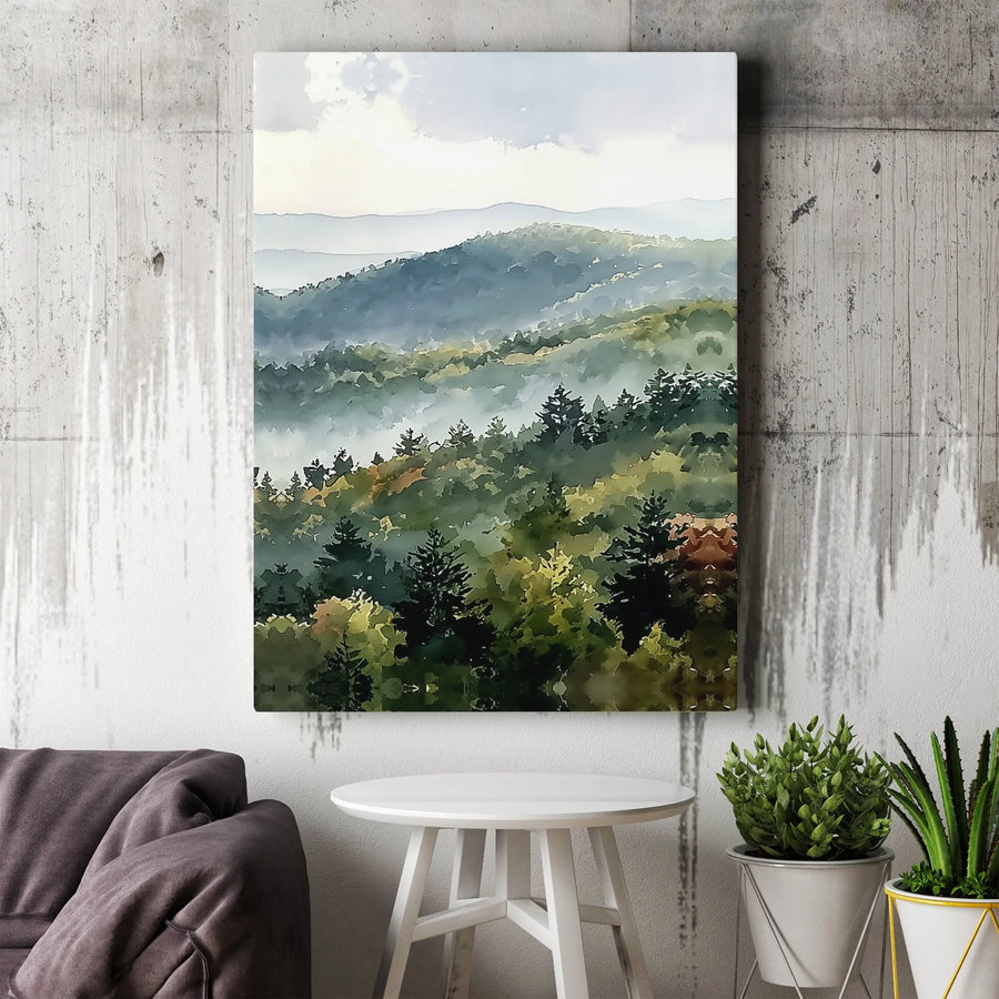 Misty Mountain Landscape Canvas Wall Art | Watercolor Pine Tree Forest Print | Premium Frameless Canvas | Living Room & Office Decor Gift