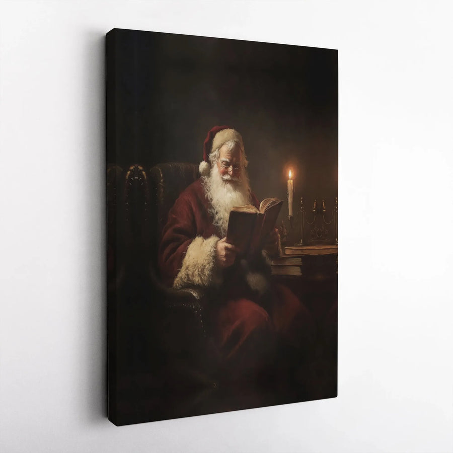 Santa Claus Reading A Book Canvas | Vintage Christmas Oil Painting Style | Premium 1.25 Inch Gallery Wrap | Festive Holiday Wall Art Decor