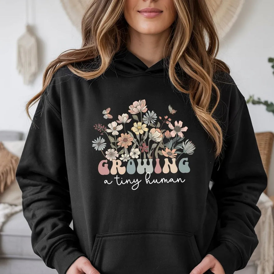 Growing A Tiny Human Hoodie | Retro Wildflower Pregnancy Announcement | Cozy Cotton Blend | Premium Mom To Be Gift