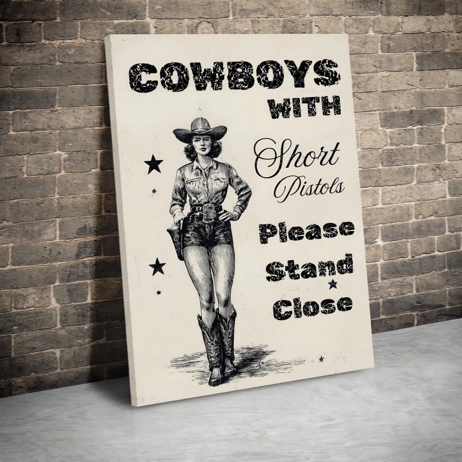 Cowgirl Pin-Up Wall Art | Western Cowboys With Short Pistols Quote | Premium Gallery Wrapped Canvas | Rustic Home Decor Gift