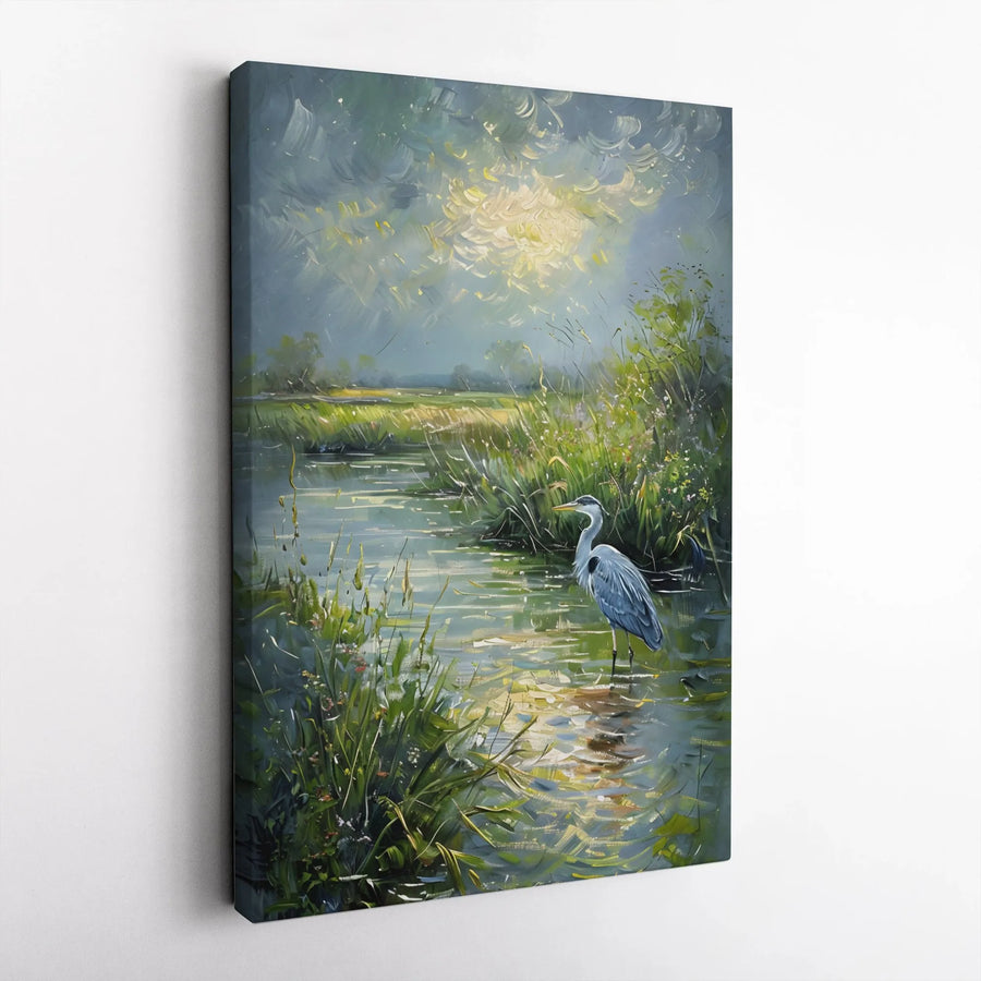 Great Blue Heron Canvas Art | Impressionist Marshland Landscape | Premium Gallery Wrap Print | Nature Home Decor Gift for Bird Lovers