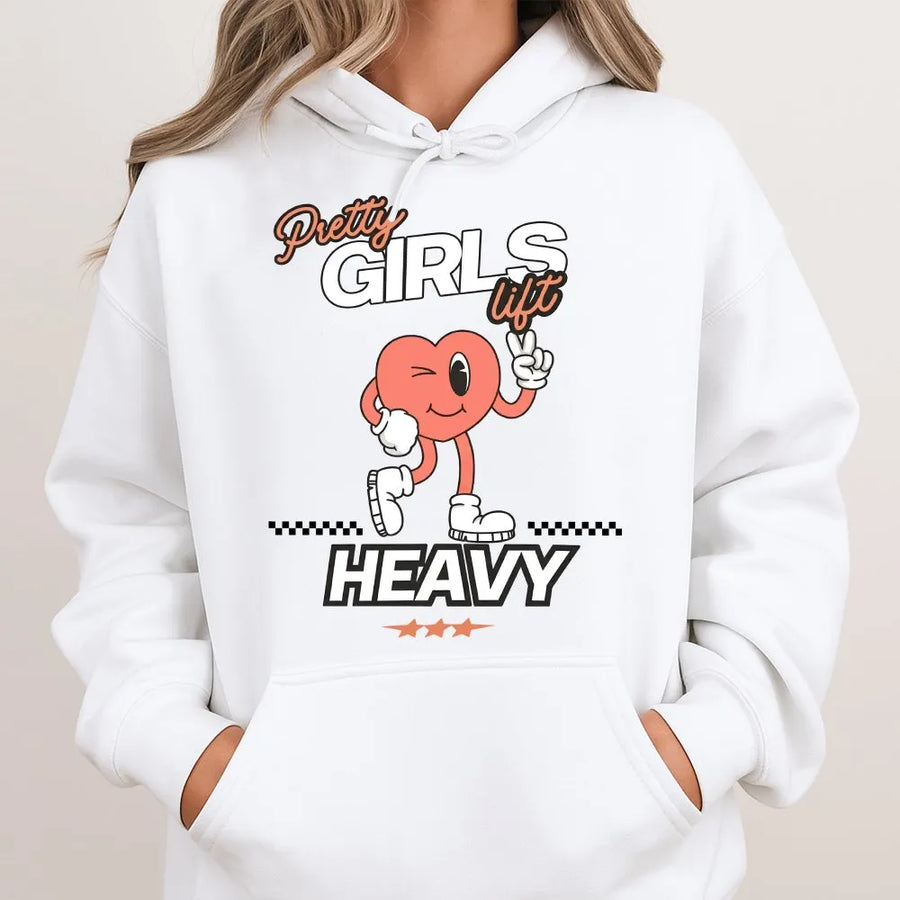 Pretty Girls Lift Heavy Hoodie | Retro Cartoon Heart Graphic | Soft Breathable Cotton | Funny Workout Gift for Women