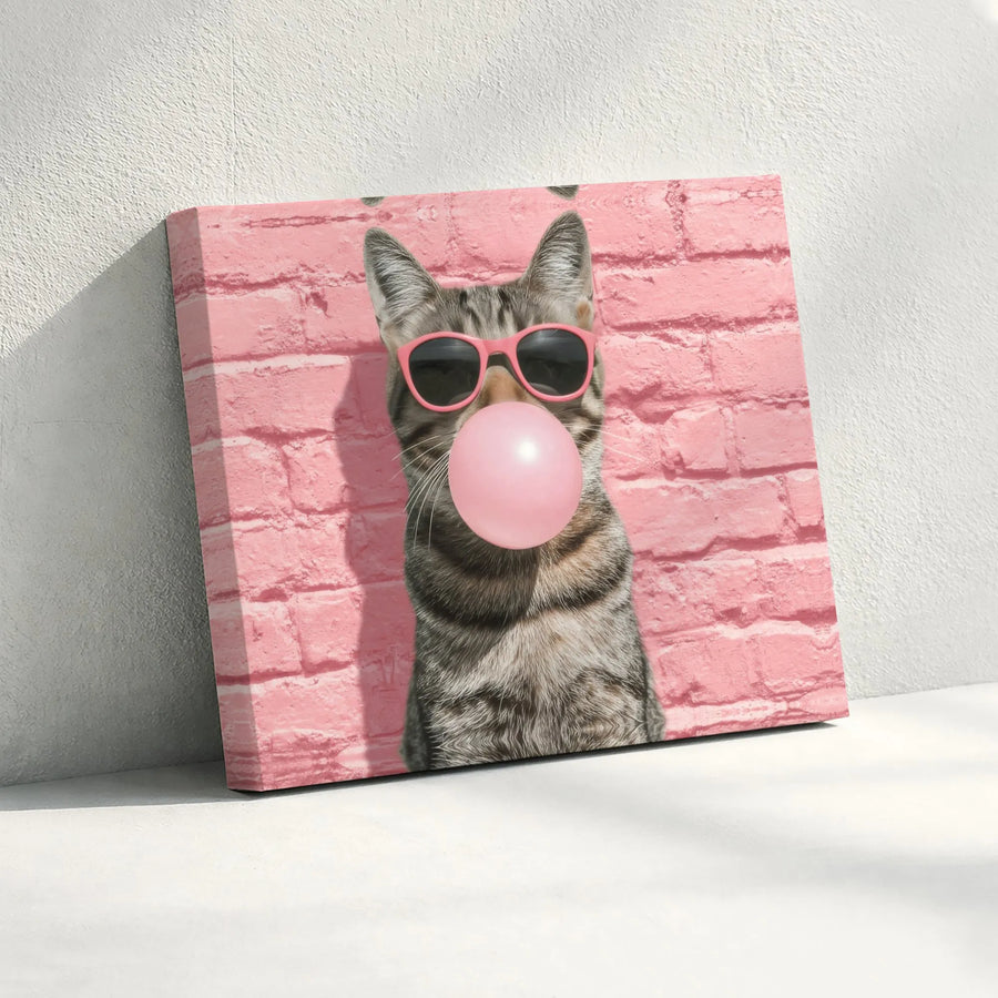 Cat Canvas Wall Art | Trendy Tabby With Pink Sunglasses & Bubble Gum | Gallery-Quality Fade-Resistant Print | Fun Modern Home Decor Gift