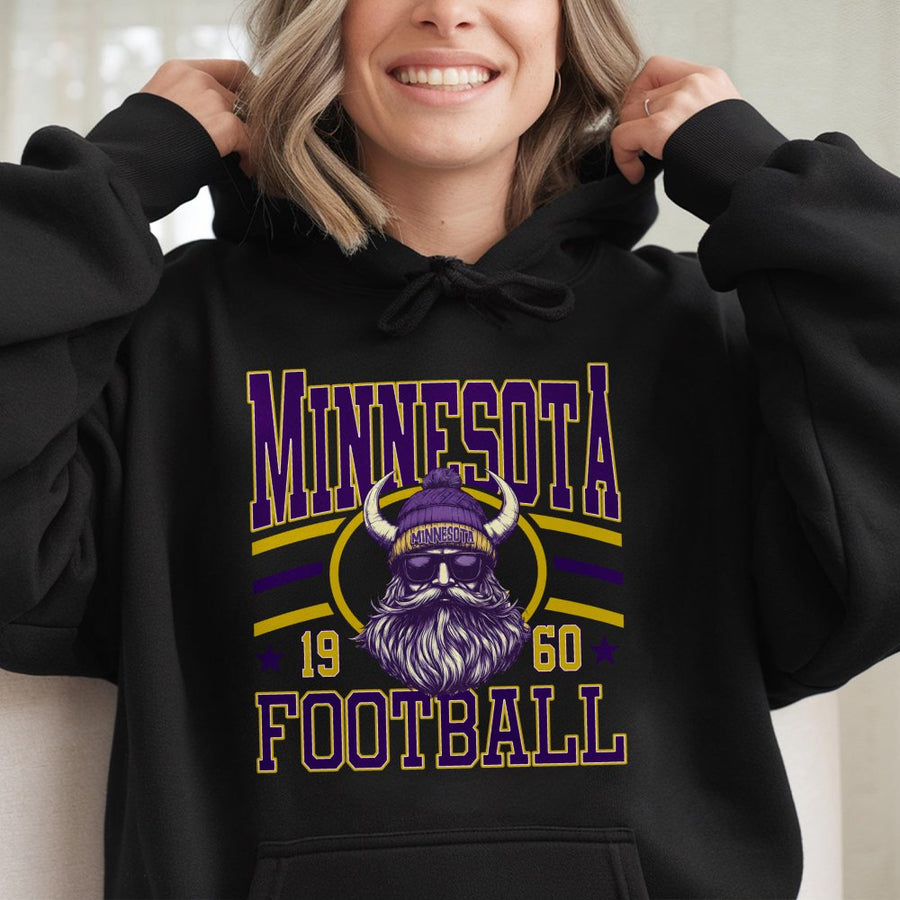 Minnesota ★ 19 60 ★ Football Featuring A Viking Mascot With A Long Beard Wearing A Purple Horned Beanie And Sunglasses Hoodie