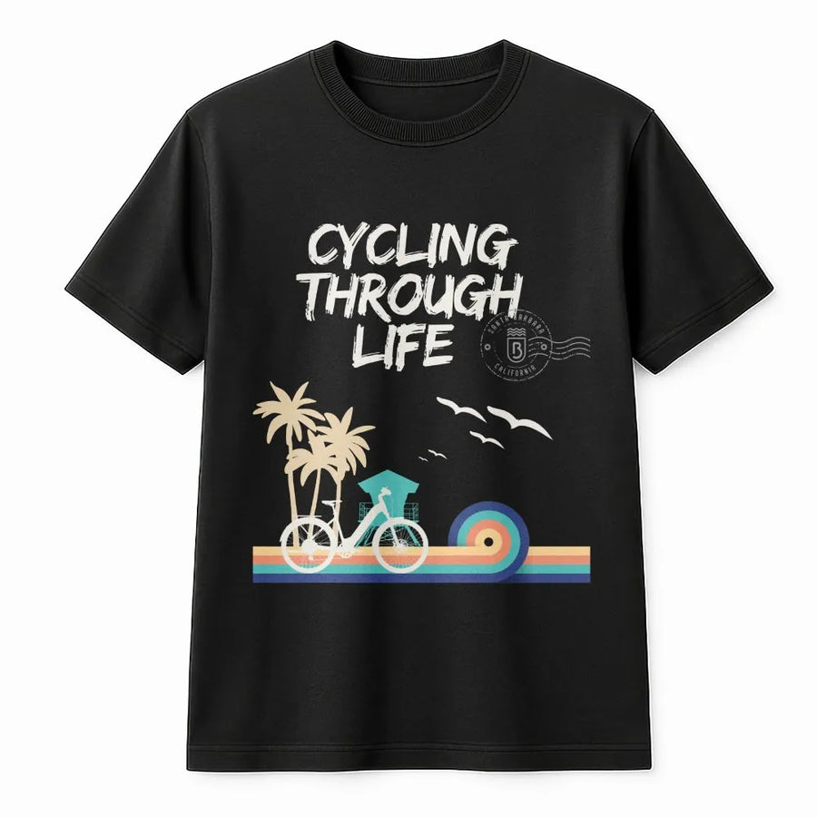 Cycling Through Life T-Shirt | Retro California Beach Graphic | Soft Cotton Tee | Premium Cyclist Gift for Men & Women