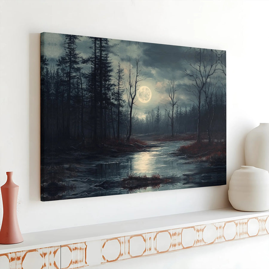 Gothic Forest Moon Canvas Print | Atmospheric Full Moon River Painting | Premium Gallery Wrap Wall Art | Dark Academia & Spooky Home Decor Gift