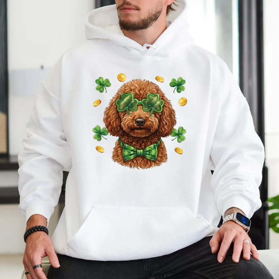 St Patrick's Day Dog Hoodie | Funny Shamrock Glasses Doodle Puppy Graphic | Soft Cotton Blend Sweatshirt | Lucky Irish Gift for Dog Lovers